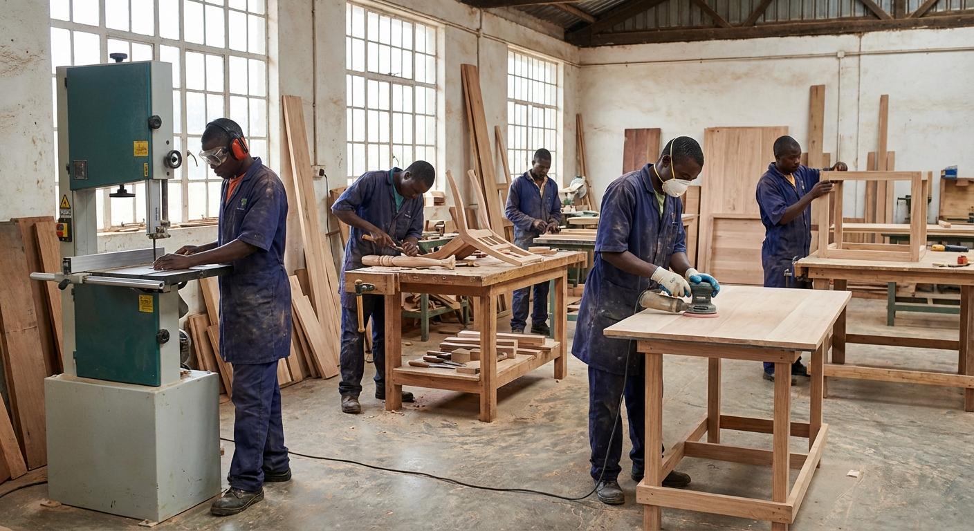 African artisans crafting furniture with traditional and modern tools