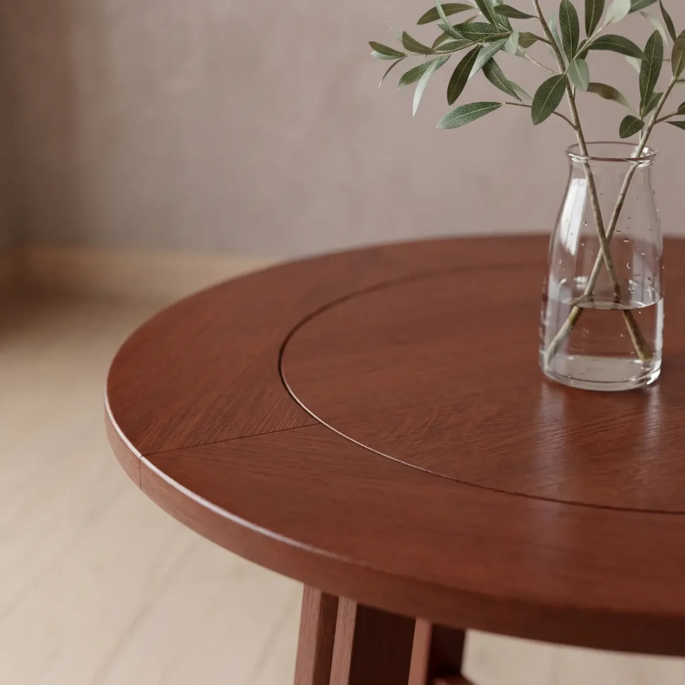 A close view of the circular wooden tabletop and its curved edge