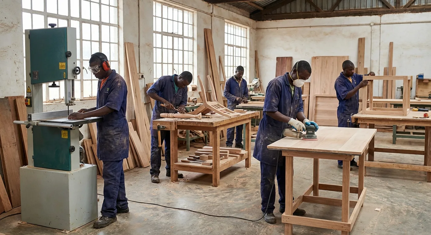 Woodworkers shaping and finishing furniture in a workshop